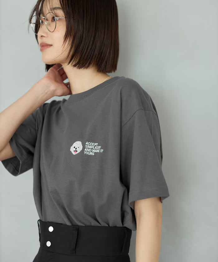 Organic Cotton One Point Animal Embroidery T-Shirt - Charcoal Gray