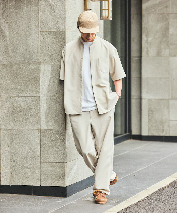 [New Color Added] Quick-Dry Material Relaxed Fit Band Collar Shirt Short Sleeve Linen Feel