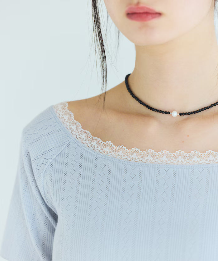 Boat Neck Pullover Knit Lace T-Shirt