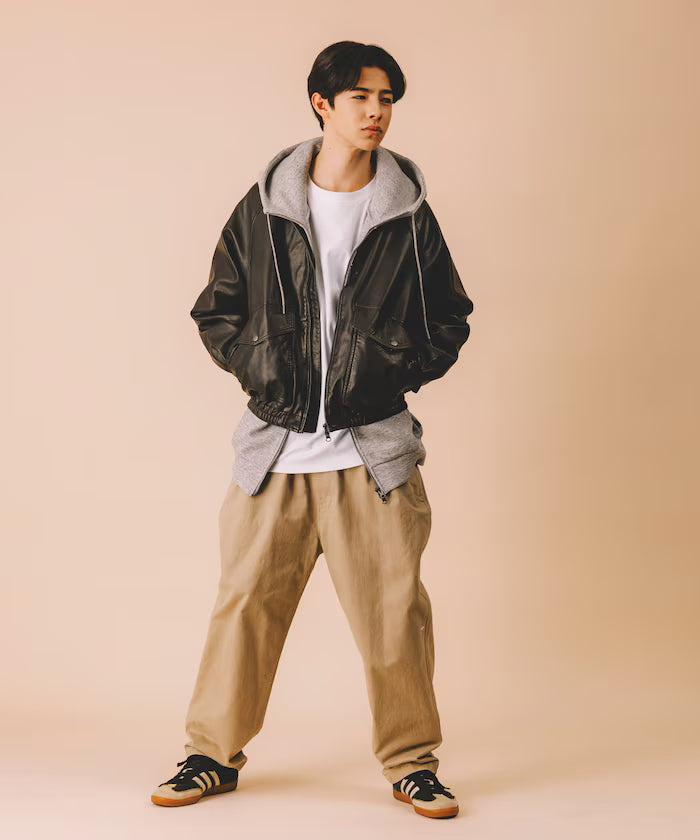 Washed processed leather red stand collar zip-up short blouson