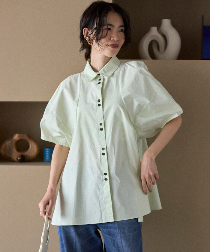 Switching Design Balloon Sleeve Shirt / 5-Minute Sleeve Blouse - Blue Green