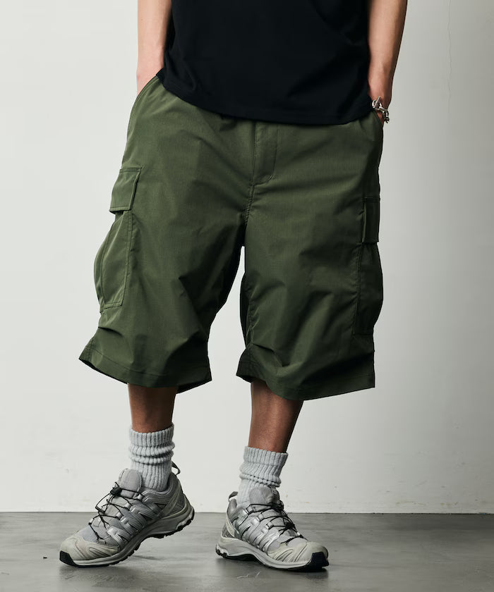 Quick Dry Fabric Wide Silhouette Poly Rip Cross Short Cargo Pants/UV Cut/Quick Dry 【Limited Release】