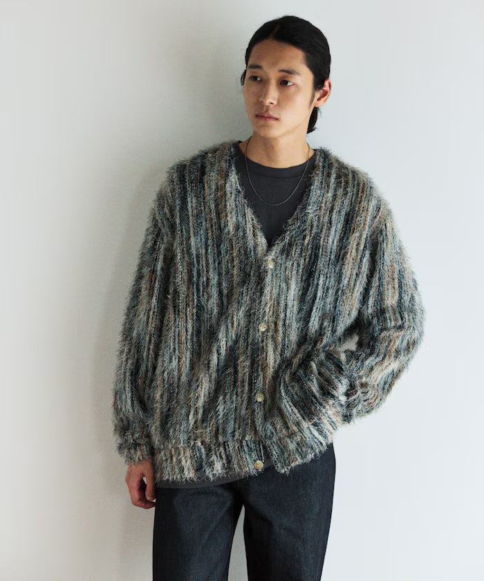 Relaxed Fit Shaggy Knit Multi-Stripe Cardigan