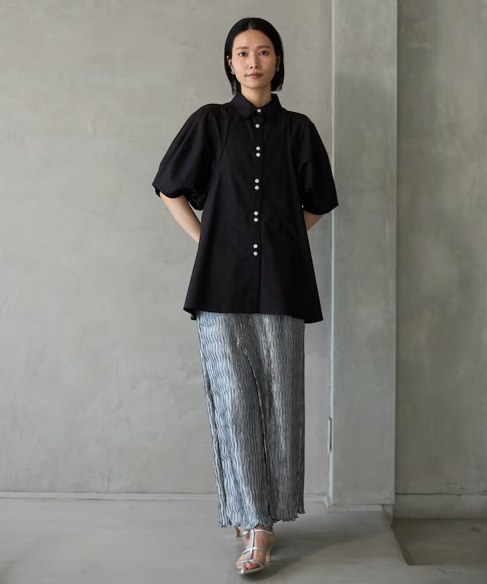Switching Design Balloon Sleeve Shirt / 5-Minute Sleeve Blouse
