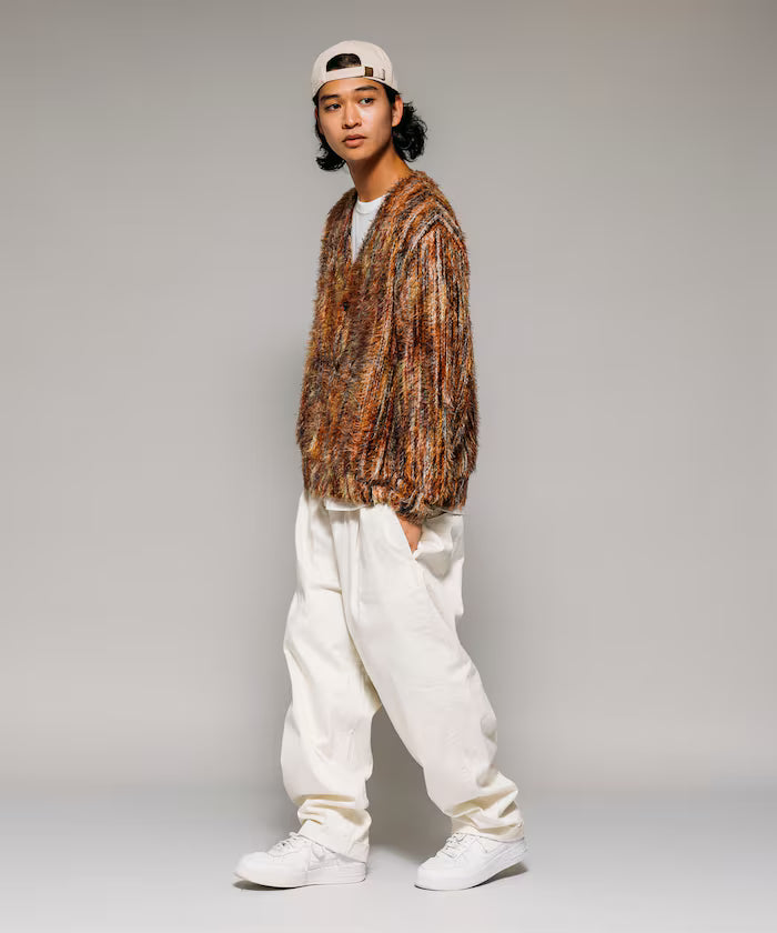 Relaxed Fit Shaggy Knit Multi-Stripe Cardigan