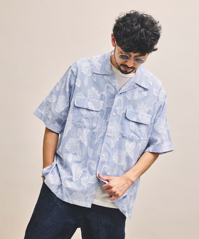 India-made Relaxed Fit Cut Jacquard Stripe Open Collar Short Sleeve Shirt