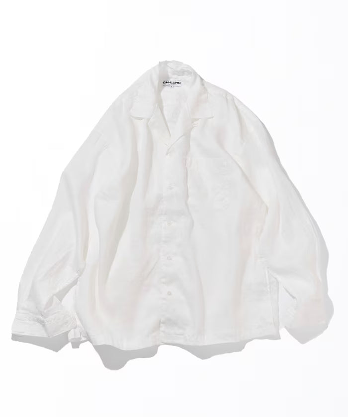 Linen Open Collar Long Sleeve Shirt - White