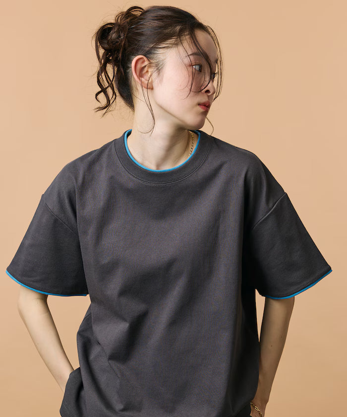 Limited Edition Relaxed Fit Color Block Fake Layered Crew Neck T-Shirt - Charcoal Gray