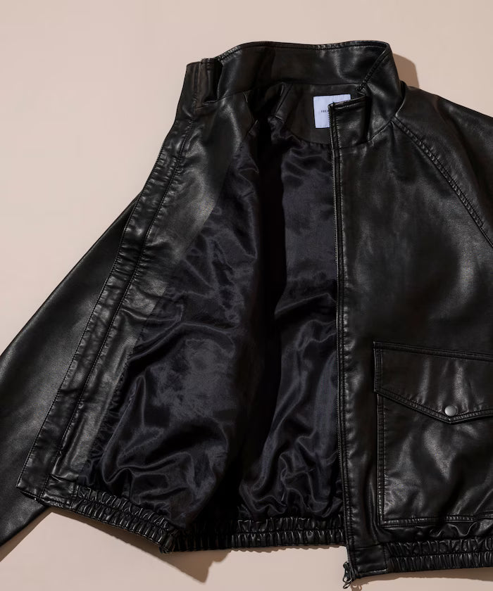 Washed processed leather red stand collar zip-up short blouson