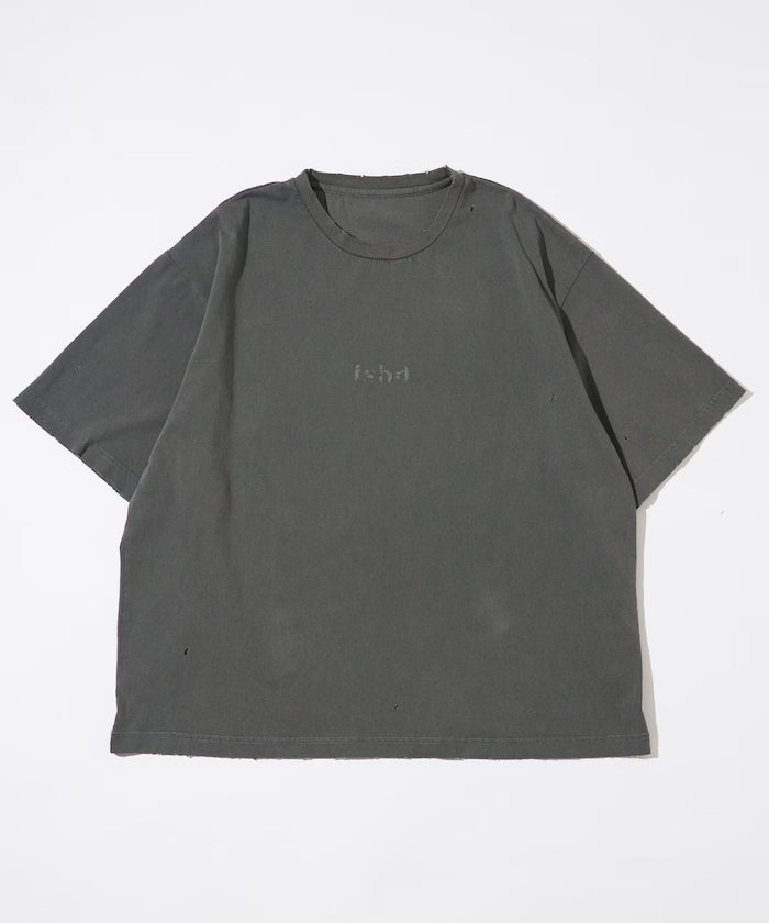 7.3 oz damaged processed front logo print short sleeve T-shirt / oversized crew neck short sleeve T-shirt
