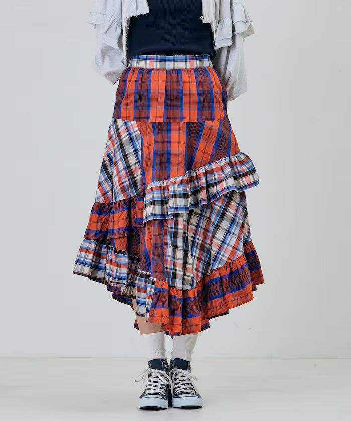 Check x Check Asymmetrical Frill Skirt