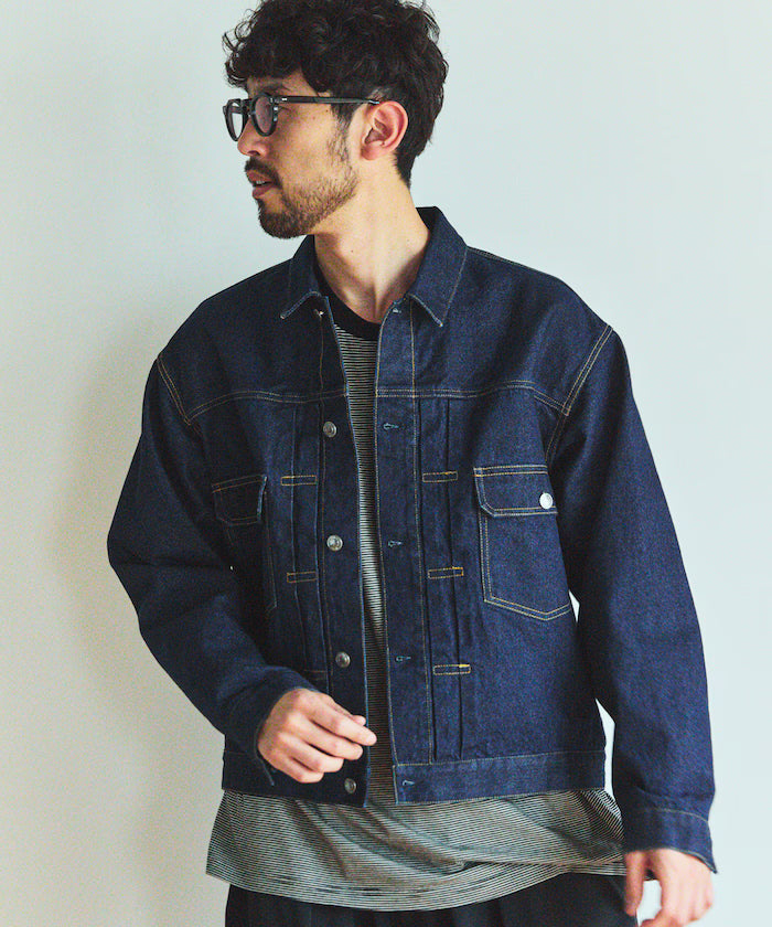 Short-Length Relaxed Denim Trucker Jacket - Navy