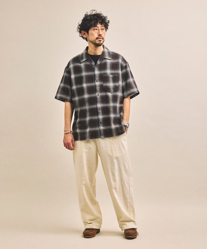 Dyed Ombre Check Open Collar Short Sleeve Sheer Shirt Relaxed Fit