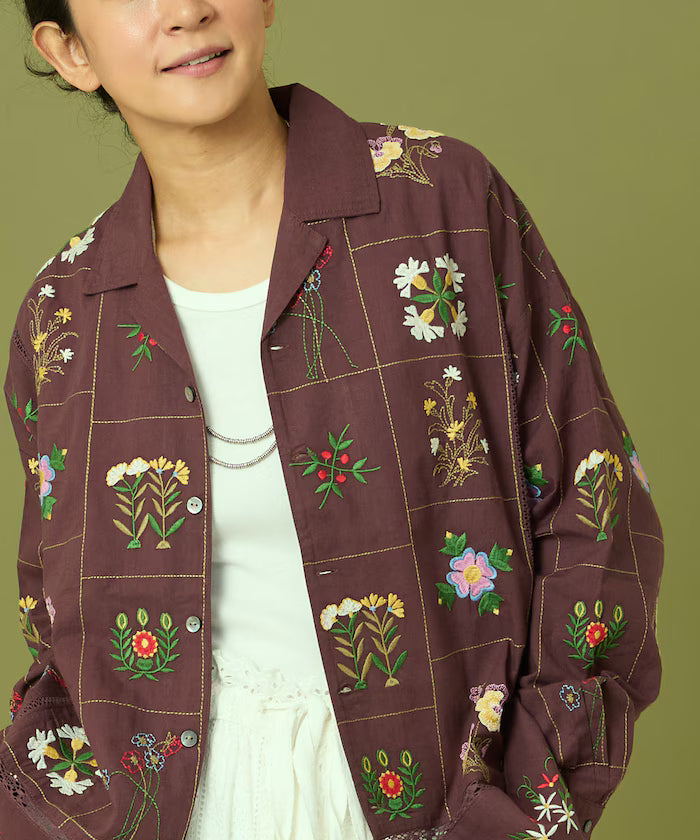 Patchwork Floral Embroidery Long Sleeve Shirt - Brown