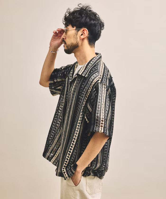 New color added: Indian-made relaxed fit all-over lace multi-stripe open collar short sleeve shirt