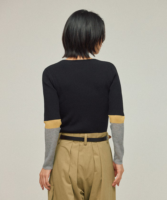 Functional material silk blend color block knit pullover / anti-pill / machine washable