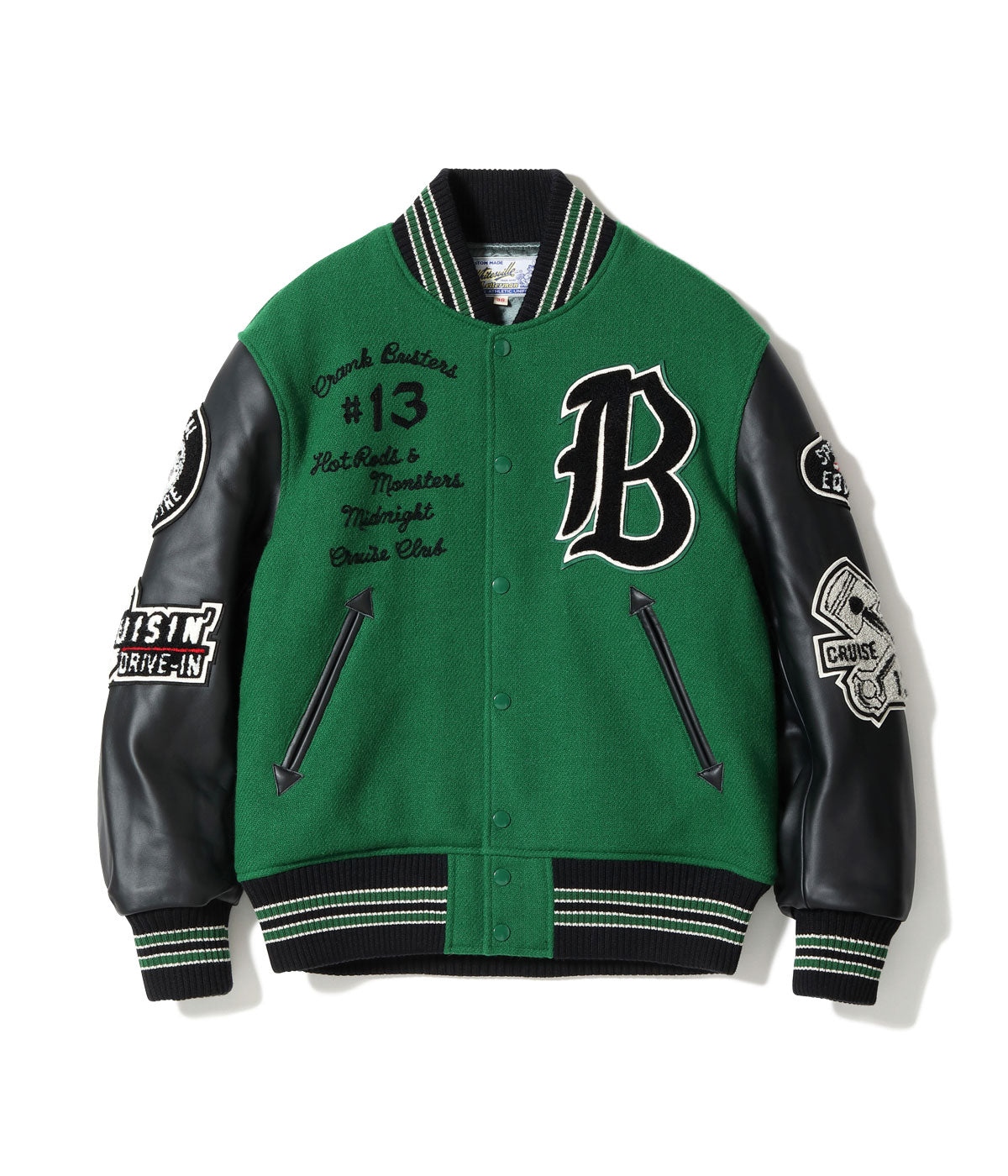 30oz. WOOL MELTON AWARD JACKET “CRANK BUSTERS” (GREEN) - GREEN × BLACK