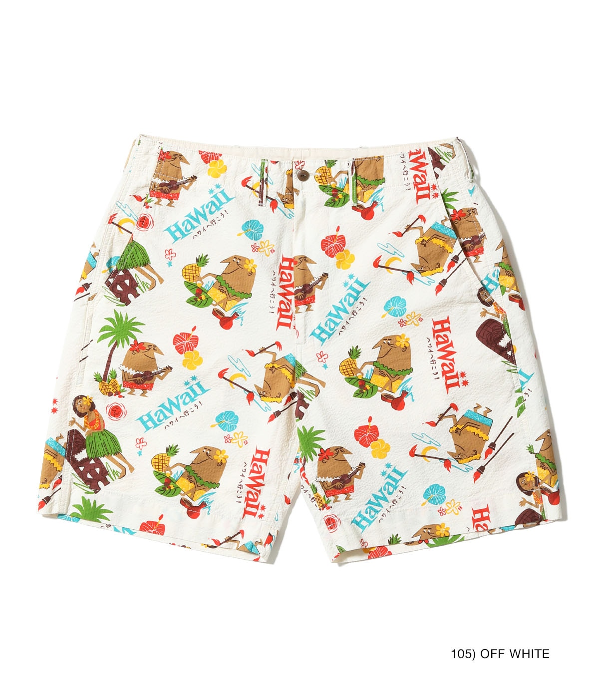Cotton Seersucker Shorts "Trip To Hawaii" by Ryohei Yanagihara with Mookie - OFF WHITE