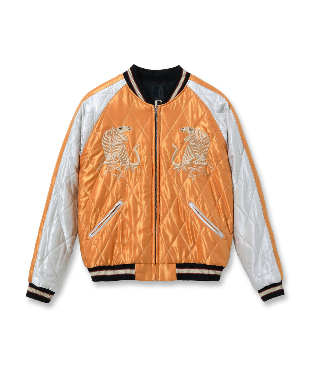 Early 1950s Style Acetate Quilted Souvenir Jacket “WHITE TIGER” × “LANDSCAPE” - ORANGE