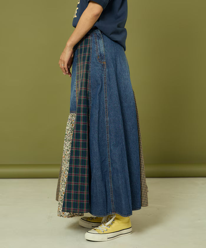 Side Front Denim Color Block Flared Skirt