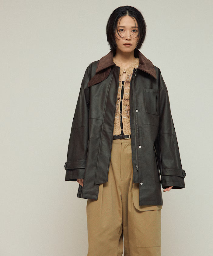 Oversized Crush Leatherette Jacket / Collar Corduroy