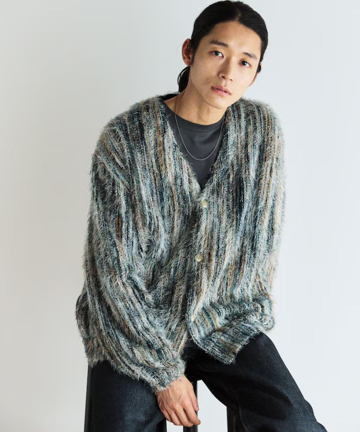 Relaxed Fit Shaggy Knit Multi-Stripe Cardigan