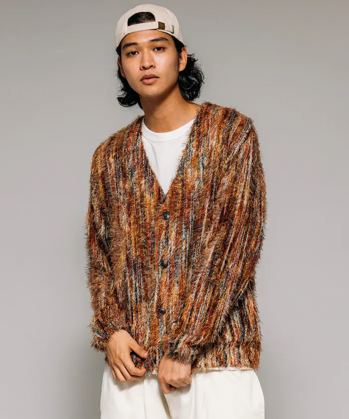 Relaxed Fit Shaggy Knit Multi-Stripe Cardigan