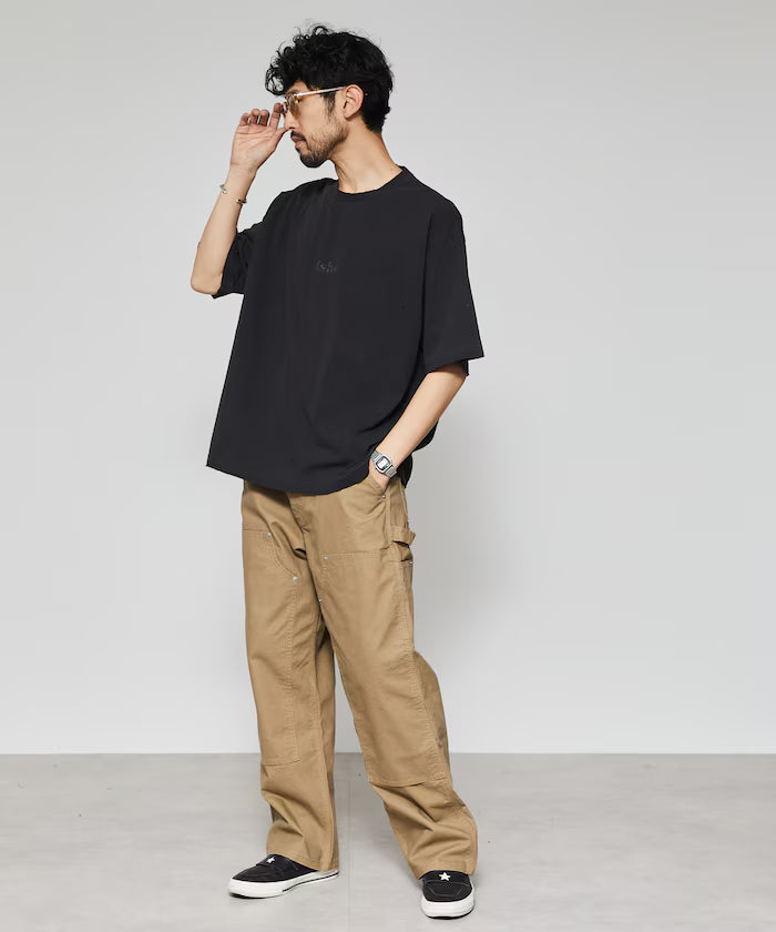 7.3 oz damaged processed front logo print short sleeve T-shirt / oversized crew neck short sleeve T-shirt