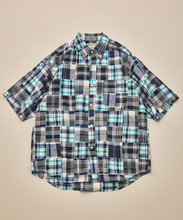 Indian-made Relaxed Fit Madras Check Patchwork Button-down Short Sleeve Shirt