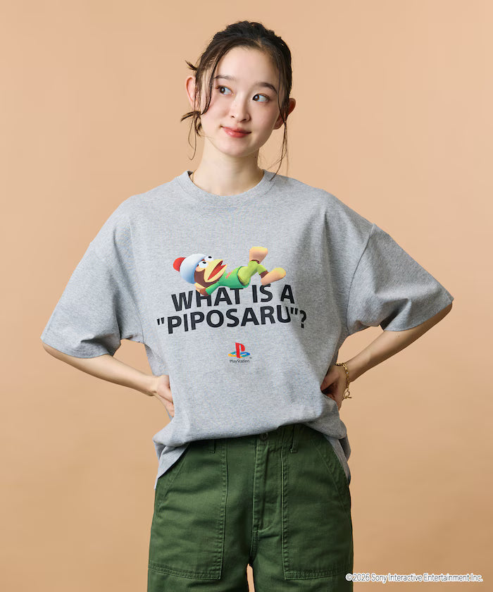 Big Silhouette Crew Neck Print T-shirt/PlayStation Sarugatchi/WHAT IS A PIPOSARU 【Limited Edition】 - Mottled Gray