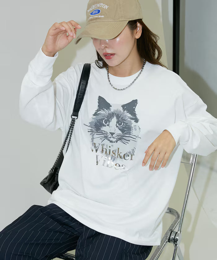 Handwritten-style Cat Print Foil Logo Long Sleeve T Limited Edition