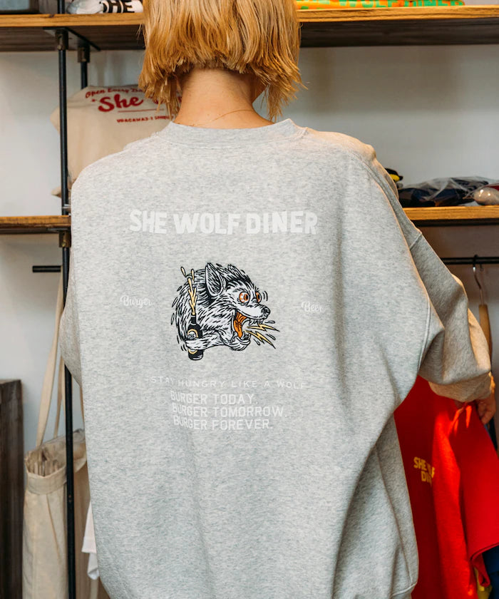 SHE WOLF DINER×FREAK'S STORE/She Wolf Diner Exclusive Big Silhouette Back Embroidered Crewneck Sweatshirt/WOLF [Limited Edition] - Gray