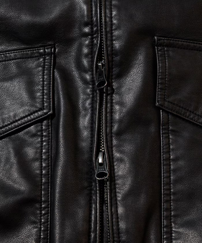 Washed processed leather red stand collar zip-up short blouson