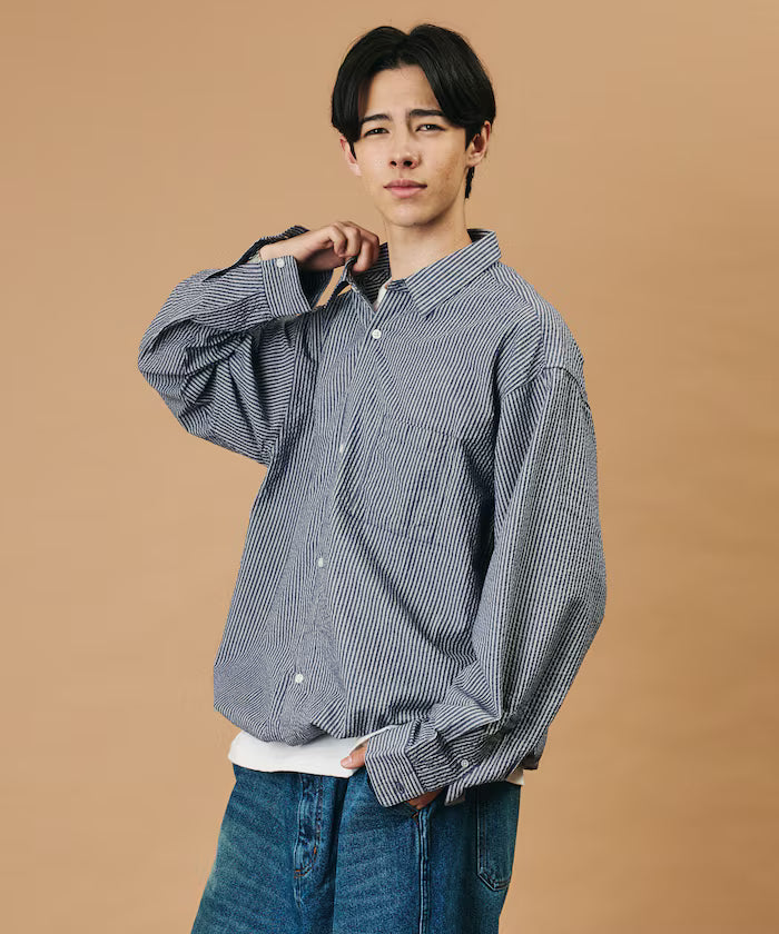 FREAK'S STORE for BEACH & FES Seersucker Spindle Regular Collar Long Sleeve Shirt
