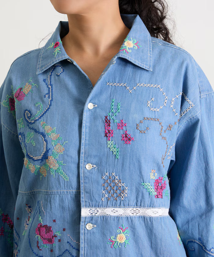 Open Collar Embroidered Shirt Jacket