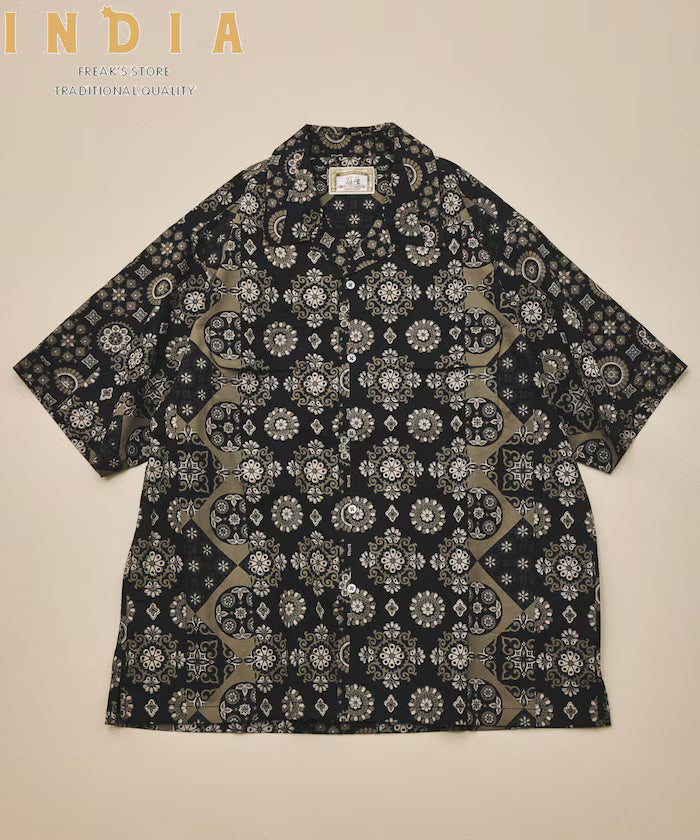 [New color added] Indian-made Relaxed Fit Batik Pattern Print Open Collar Shirt Short Sleeve Small Pattern