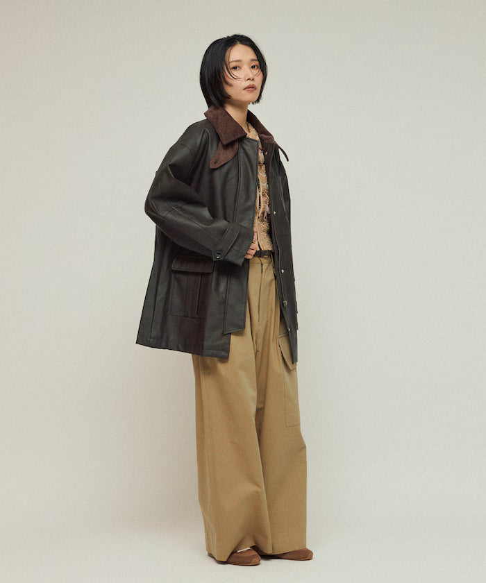 Oversized Crush Leatherette Jacket / Collar Corduroy