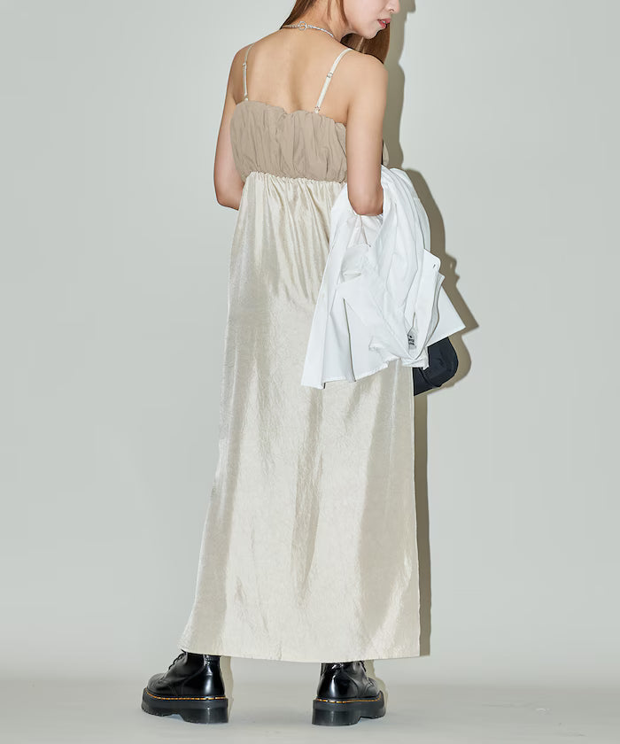 Mixed Material Shirring Satin Dress Limited Release