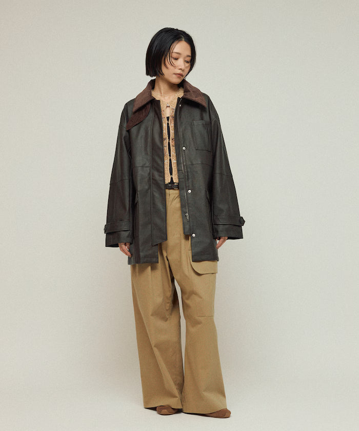 Oversized Crush Leatherette Jacket / Collar Corduroy