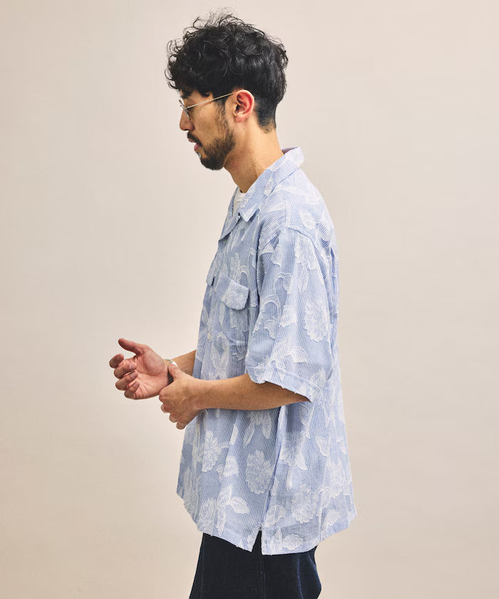 India-made Relaxed Fit Cut Jacquard Stripe Open Collar Short Sleeve Shirt