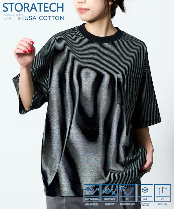 STORATECH/Wide Silhouette Crew Neck T-Shirt/Antibacterial/Odor Resistant/Antimicrobial/UV Cut/Contact Cooling/Water Absorbent and Quick Drying 【Limited Edition】 - Black Stripe