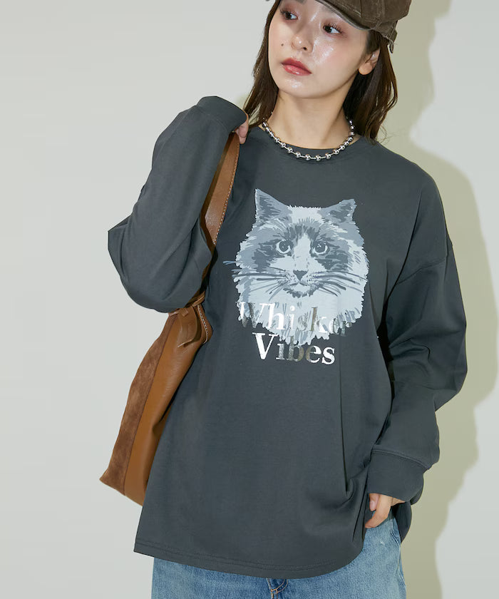 Handwritten-style Cat Print Foil Logo Long Sleeve T Limited Edition
