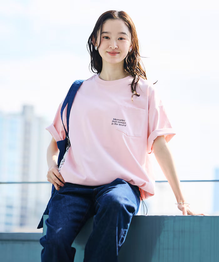 Big silhouette one-point embroidery back print hem code pocket T-shirt [Limited Edition]