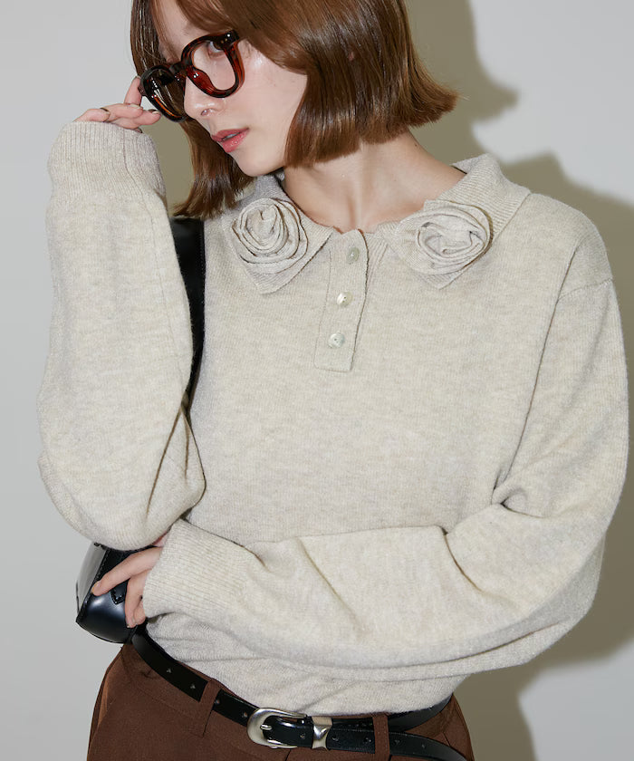 Polo knit pullover with flower motif - limited edition