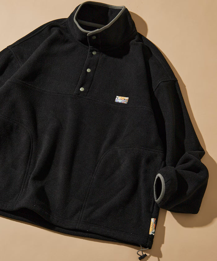Big Silhouette One Point Logo Fleece Snap Button Spindle Pullover - Black