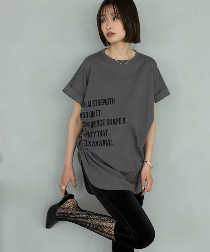 Organic Cotton Shirring Logo T-Shirt - Charcoal Gray