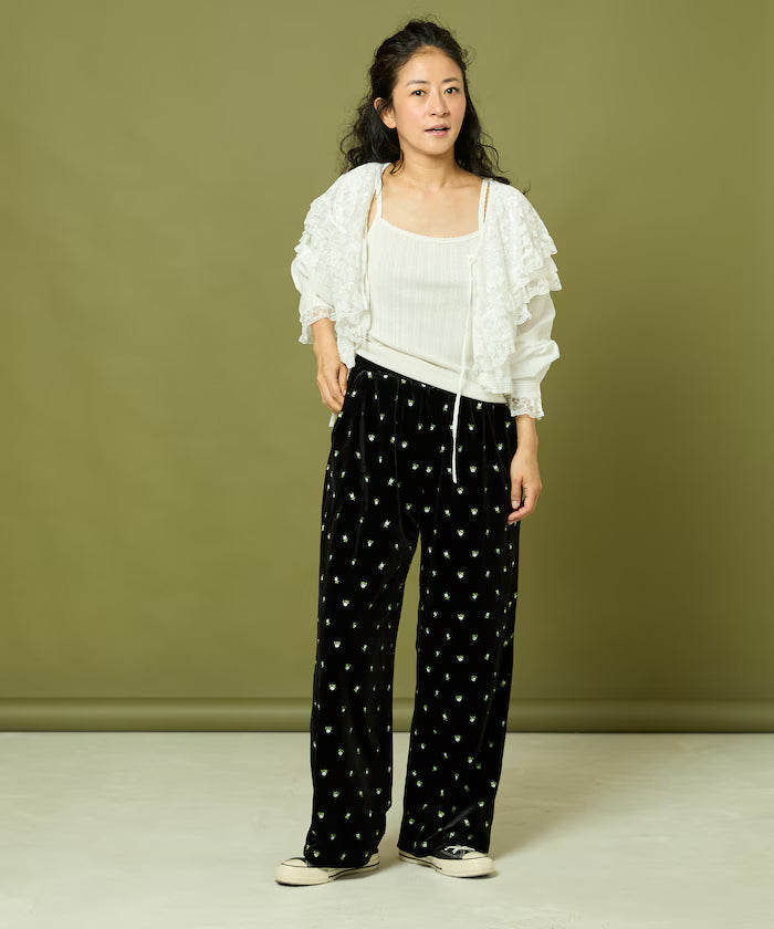 Small Flower Embroidery Velvet Pants