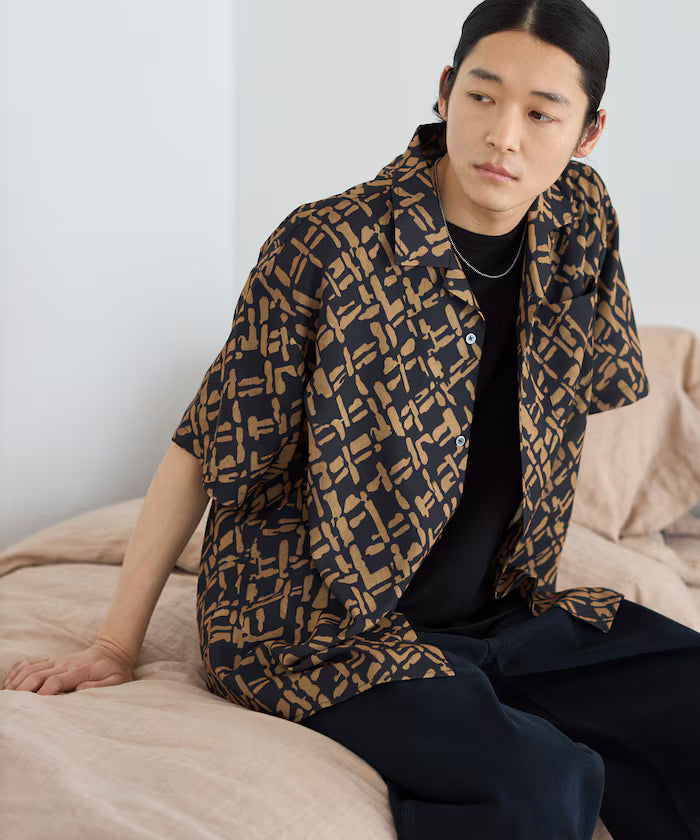 Mesh Open Collar Pattern Short Sleeve Shirt / Allover Design Open Collar Shirt / Big Silhouette - Brown