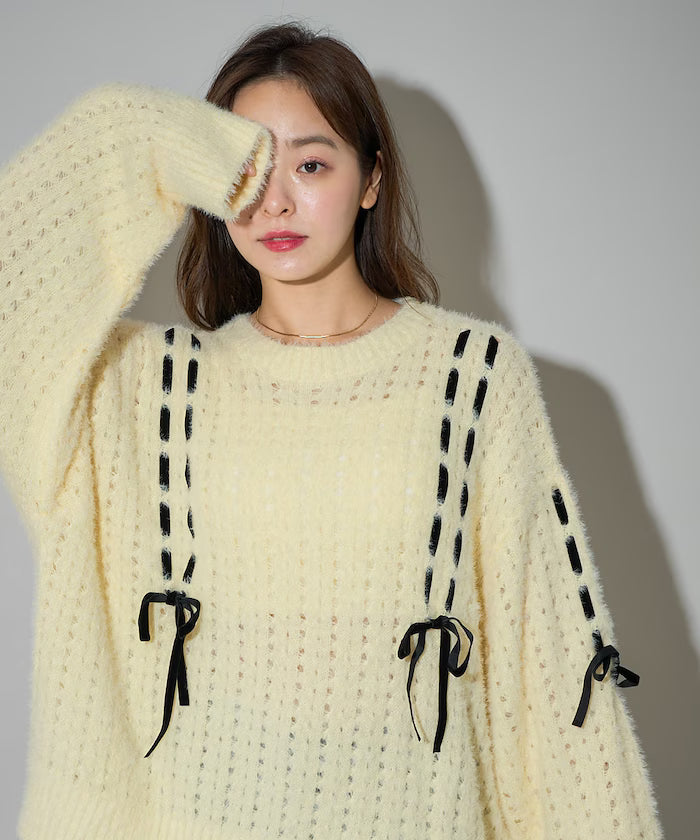 Velvet Ribbon Woven Feather Knit Limited Edition - Natural