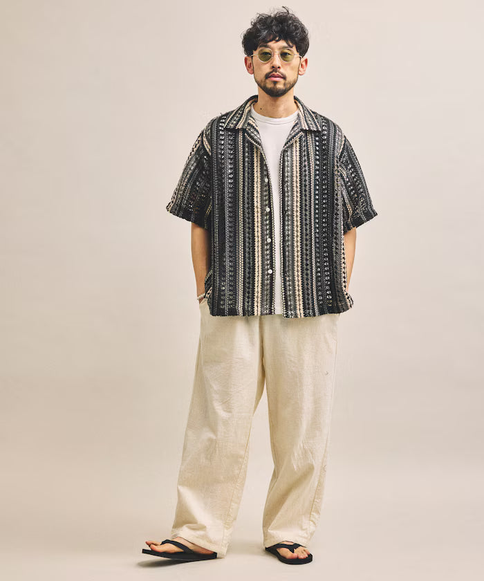 New color added: Indian-made relaxed fit all-over lace multi-stripe open collar short sleeve shirt